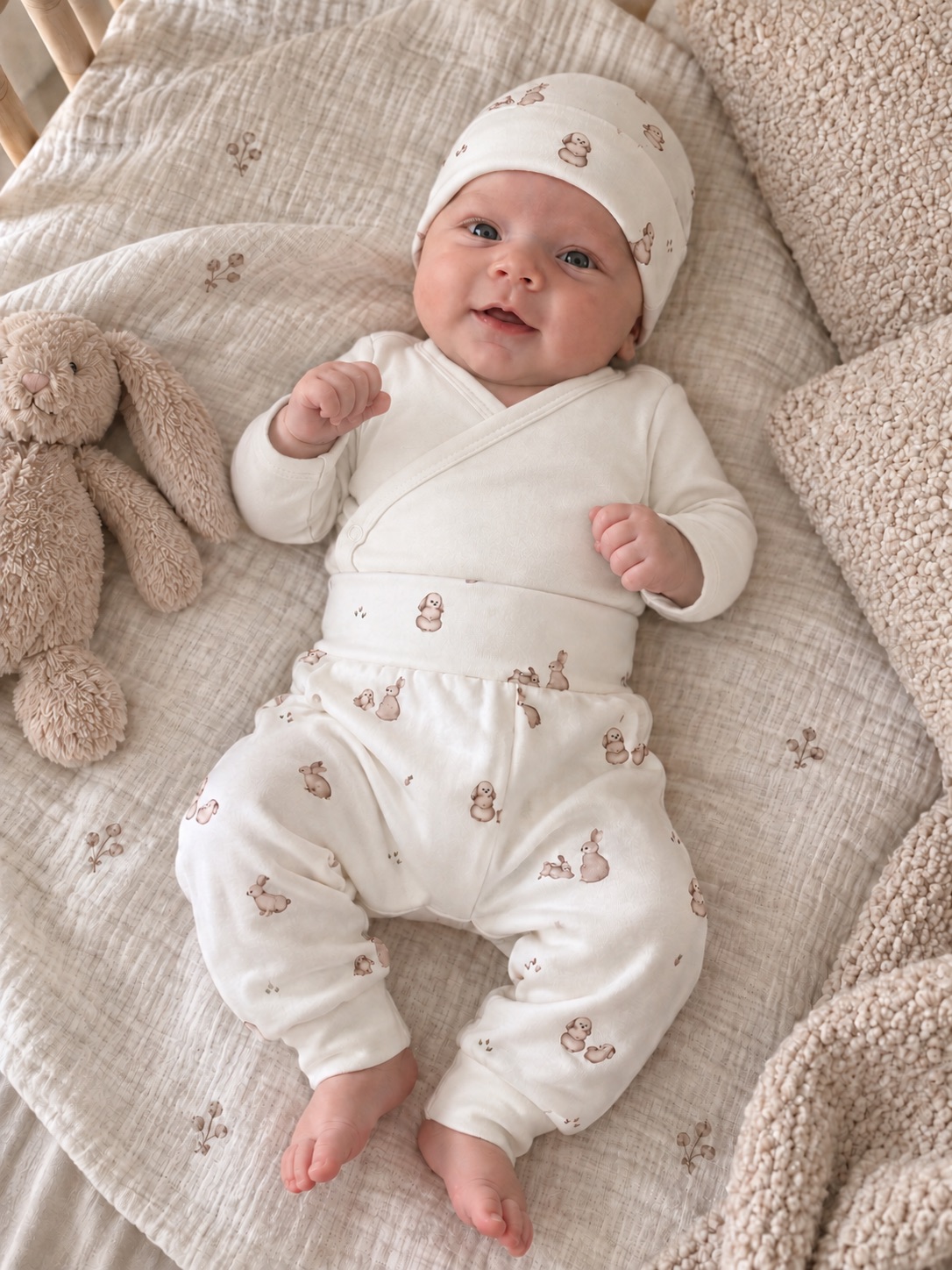 Newborn setje met konijntjes print, een broekje en mutsje